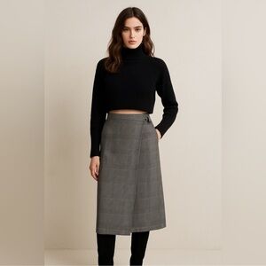 Ralph Lauren High-Waisted Silk Linen Wrap Maxi Skirt Tartan Plaid Black | Sz. 6